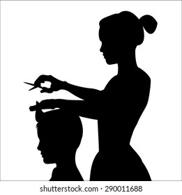 Hairdresser cutting client. Vector illustration.