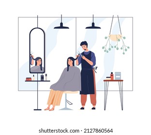 Hairdresser cutting clients hair in salon. Hairstylist doing haircut with scissors for woman customer in chair. Professional treatment process. Flat vector illustration isolated on white background