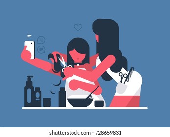 Hairdresser cutting girl. Woman doing selfie in barbershop. Vector illustration