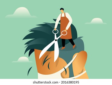 Hairdresser cutting hair illustration concept vector