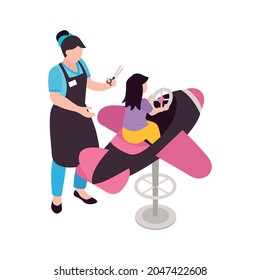 Hairdresser cutting hair of little girl sitting on chair in shape of plane isometric vector illustration