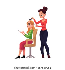 Hairdresser cutting hair, making haircut for blond woman who uses smartphone meanwhile, cartoon vector illustration isolated on white background. Hairdresser woman making haircut for her client