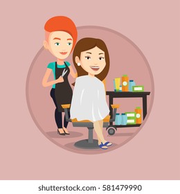 Hairdresser cutting hair of young woman in beauty saloon. Professional hairdresser making a haircut to a client in beauty saloon. Vector flat design illustration in the circle isolated on background.