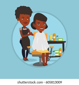 Hairdresser cutting hair of young woman in beauty saloon. Professional hairdresser making a haircut to a client in beauty saloon. Vector flat design illustration in the circle isolated on background.