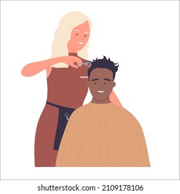 Hairdresser cutting male hair at barbershop. Man head grooming and styling beauty room service flat vector illustration