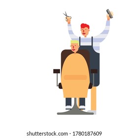 hairdresser cutting the men's blond hair. 