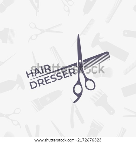 Hairdresser, darber, barbershop, hairdressing, coiffeur, haircutter. Business. Logo. Scissors, having brush, razor, hair dryer,comb, straight razor, hair clipper. Flat vector illustration. Isolated