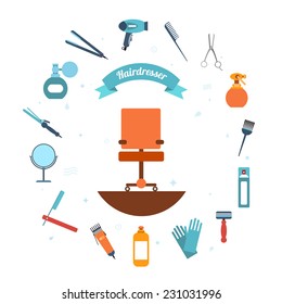 Hairdresser decorative set with beauty haircut accessories and equipment with hairstylist chair in the middle vector illustration