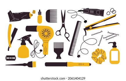 Hairdresser decorative set with various haircut and hairstyle accessories , tools and equipment. Vector hand drawn illustration.