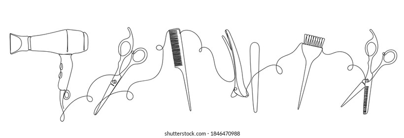 Hairdresser details in linear style on white.
