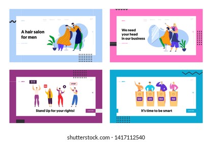 Hairdresser Doing Haircut in Barbershop Landing Page. Quiz TV Show Game. Crowd of Young People Protesting on Strike. Fashion Styling Body Care Concept Web Banner. Vector flat illustration