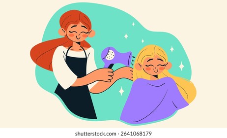 Hairdresser dries woman hair in beauty salon. Smiling client get hairstyle in saloon. Beauty and care concept. Doodle style isolated vector illustration.