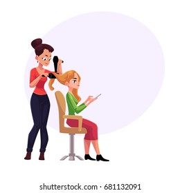 Hairdresser drying long hair of blond woman who uses smartphone, cartoon vector illustration with space for text.Hairdresser woman drying hair for her client with hairbrush and hair dryer