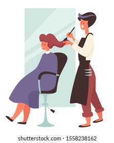 Hairdresser dyeing hair to woman in chair near mirror isolated characters vector. Beauty salon, stylist in apron and female client, changing hairstyle color.Girl dyes haircut, equipment and tool