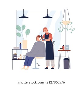 Peluquería de peluquería de una clienta sentada en una silla en un salón de belleza. Colorista hairstylista con pintura y pincel, tratando al cliente. Ilustración vectorial gráfica plana aislada en fondo blanco