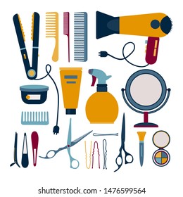 Hairdresser elements set vector illustration. Collection of diverse equipment of hairdresser blowdryer, scissors, hairbrush, styler, barrette and bobby pin flat style design. Barber salon concept