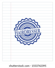 Hairdresser emblem draw with pen effect. Blue ink. Vector Illustration. Detailed.