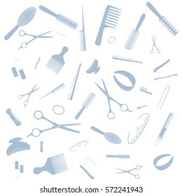 Hairdresser equipment pattern. Blue images, white background Vector