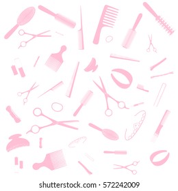 Hairdresser equipment pattern. Pink images, white background