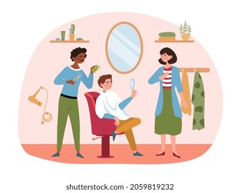 Hairdresser evaluates his work. Man sits and looks in mirror. Character Satisfied with his new hairstyle. Trendy, stylish, modern. Cartoon flat vector illustration isolated on white background