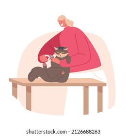 Hairdresser Female Character Cutting Cats Talons with Scissors in Salon, Groomer Woman Provides Grooming Service, Domestic Animal Sit on Table, Kitten Beauty. Cartoon People Vector Illustration