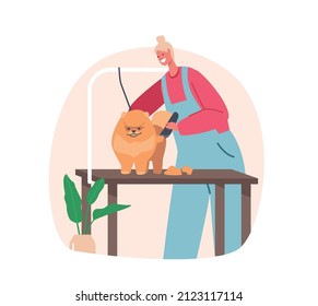 Hairdresser Female Character Trimming Cute Spitz Dog at Groomer Salon. Pet Hair Styling and Grooming Shop, Store for Dogs Care, Professional Service for Animals. Cartoon People Vector Illustration