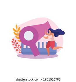 Hairdresser flat icon with hair dryer comb and woman character vector illustration