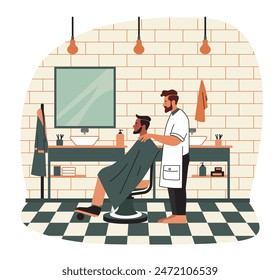 Hairdresser gives a man a haircut. Hair salon illustration. Barbershop. Hair salon interior. Barber cutting a client's hair. Flat style