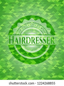 Hairdresser green emblem with triangle mosaic background