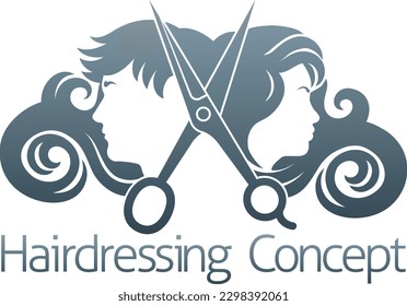 Hairdresser or hair salon concept icon with silhouette man and woman and hairdressers scissors