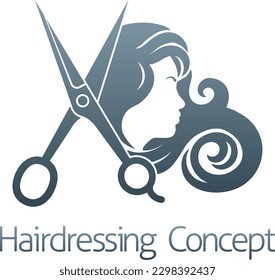 Hairdresser or hair salon concept icon with silhouette woman face in profile and hairdressers scissors
