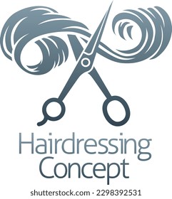 Friseur- oder Friseursalon-Konzeptsymbol mit Silhouette-Friseurschere, die eine lange, fließende Schleuse von Frauenhaaren schneidet.