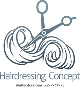 Hairdresser or hair salon concept icon with silhouette hairdressers scissors cutting a long flowing lock of womans hair.