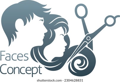 Hairdresser or hair salon concept icon with silhouette man and woman and hairdressers scissors