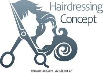 Hairdresser or hair salon concept icon with silhouette man and woman and hairdressers scissors