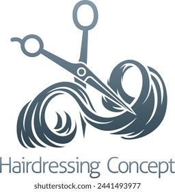 Hairdresser or hair salon concept icon with silhouette hairdressers scissors cutting a long flowing lock of womans hair.