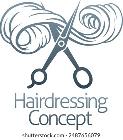 Hairdresser or hair salon concept icon with silhouette hairdressers scissors cutting a long flowing lock of womans hair.