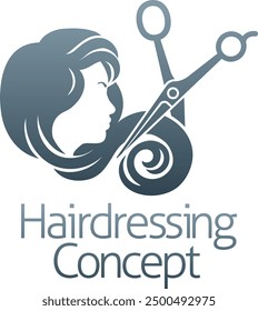 Hairdresser or hair salon concept icon with silhouette woman face in profile and hairdressers scissors