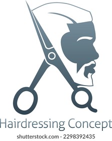 Hairdresser, hair salon or mens barbershop concept icon with silhouette black man in profile and hairdressers scissors