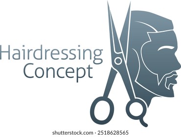 Hairdresser, hair salon or mens barbershop concept icon with silhouette black man in profile and hairdressers scissors