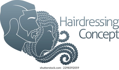 Hairdresser, hair salon, spa or similar concept icon with silhouette black man and woman faces in profile.