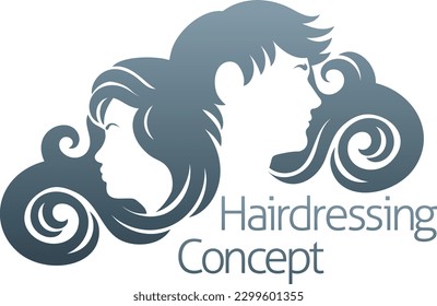 Hairdresser, hair salon, spa or similar concept icon with silhouette man and woman with flowing long hair.