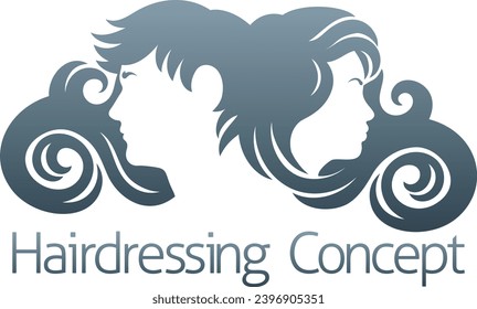 Hairdresser, hair salon, spa or similar concept icon with silhouette man and woman with flowing long hair.