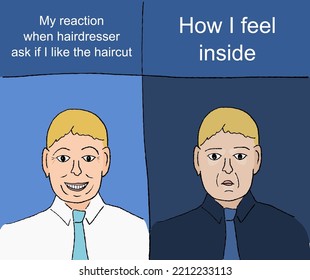 Hairdresser haircut reaction. Serious face. Funny meme for social media sharing.