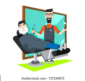 the hairdresser handyman works over the client sitting in an armchair, the master of the business, the best barber, the flat image