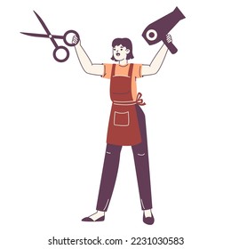 Hairdresser holding huge hair dryer and scissors. Barbershop worker wearing professional uniform flat vector illustration on white background