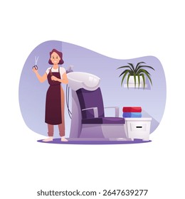 Cabeleireiro segura tesoura e um pente no salão de cabeleireiro. Ilustração plana vetorial em moldura decorativa. Cartoon cabeleireiros em salão de beleza. Interior elegante estúdio, mobiliário poltrona