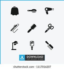 Hairdresser icon. collection of 9 hairdresser filled icons such as hair dryer, hair brush, manicure scissors, salon hair dryer. editable hairdresser icons for web and mobile.