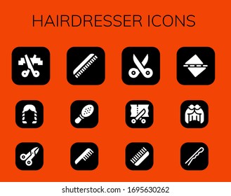 hairdresser icon set. 12 filled hairdresser icons.  Simple modern icons such as: Scissors, Hairstyle, Comb, Straighten, Wig, Hairpin