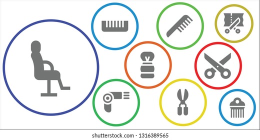 hairdresser icon set. 9 filled hairdresser icons.  Simple modern icons about  - Salon chair, Comb, Hairdryer, Scissors, Shaving brush